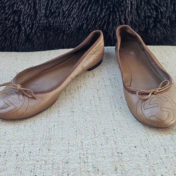 Gucci Women sandal Flat Brown Leather Upper G Logo Ballet Shoe Made Italy 38.5 - Picture 4 of 12